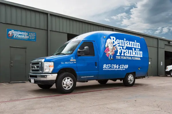 Benjamin Franklin Plumbing service van for drain cleaning in Duncanville TX